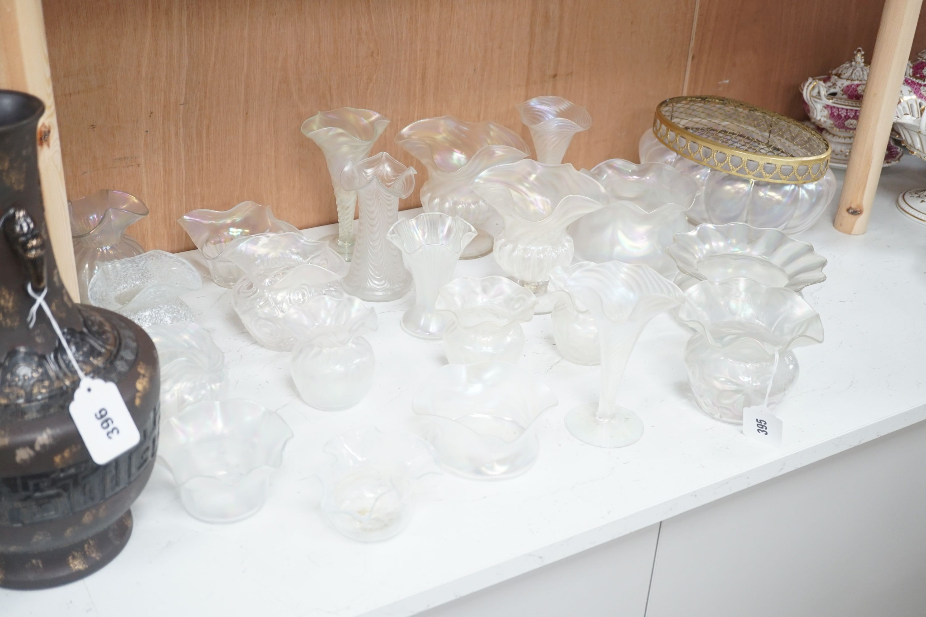 A collection of early 20th century iridescent glass vases, tallest 16.5cm high